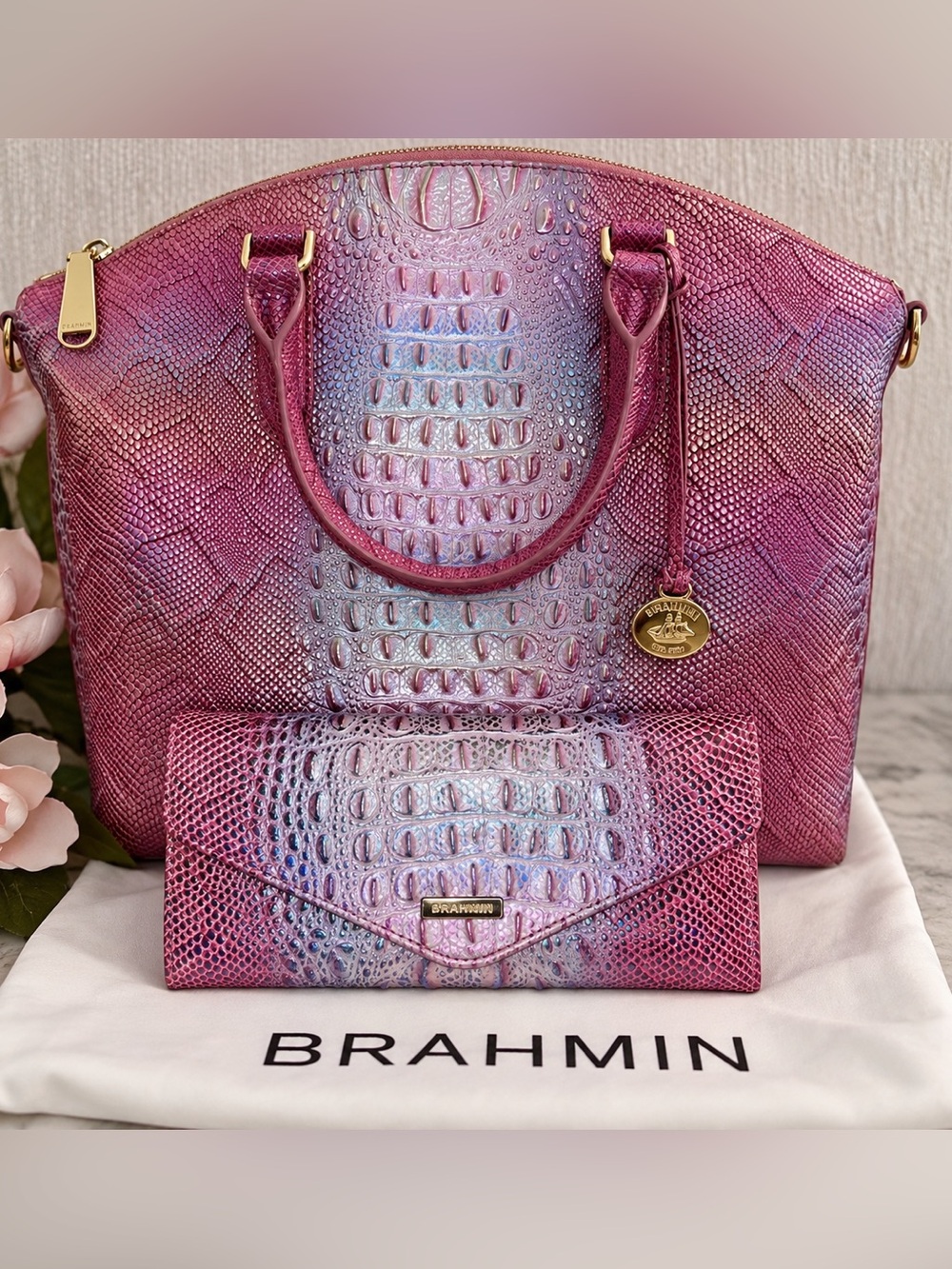 Brahmin Large Duxbury Satchel Veronica Wallet Multi Sundial Pink Set